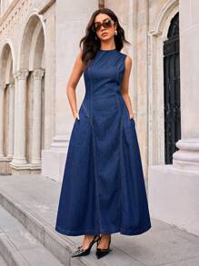 SHEIN Forever 21 Women's Sleeveless A-Line Maxi Dress,Vintage Casual Street Style For Spring - Dark Wash - View 5