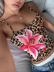 SHEIN Leap Crew Teen Girls Casual Minimalist Leopard Print Lily Flower Camisole Tank Top, Summer - Multicolor - View 1