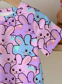 SHEIN Cute Cartoon Colorful Rabbit Print Tween Girls Casual Minimalist Short Sleeve Round Neck T-Shirt, Suitable For Summer - Multicolor - View 5