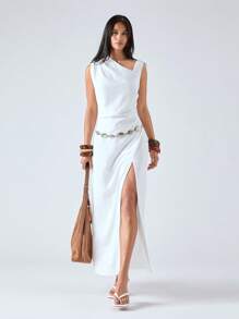 LYSMO Women's White Backless Metal Ring Knitted Long Dress - Spring/Summer - White - View 1