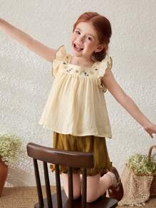 Blossori 2pcs Young Girls Linen Floral Embroidery Ruffle Sleeve Shirt And Shorts Set - Multicolor - View 4
