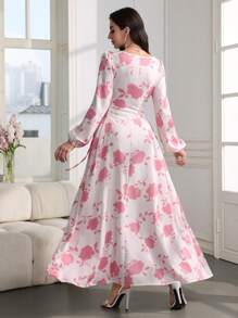 Modelyn 圆领花卉印花灯笼袖侧抽绳阿拉伯风格中长连衣裙 - 粉色 - 查看 4