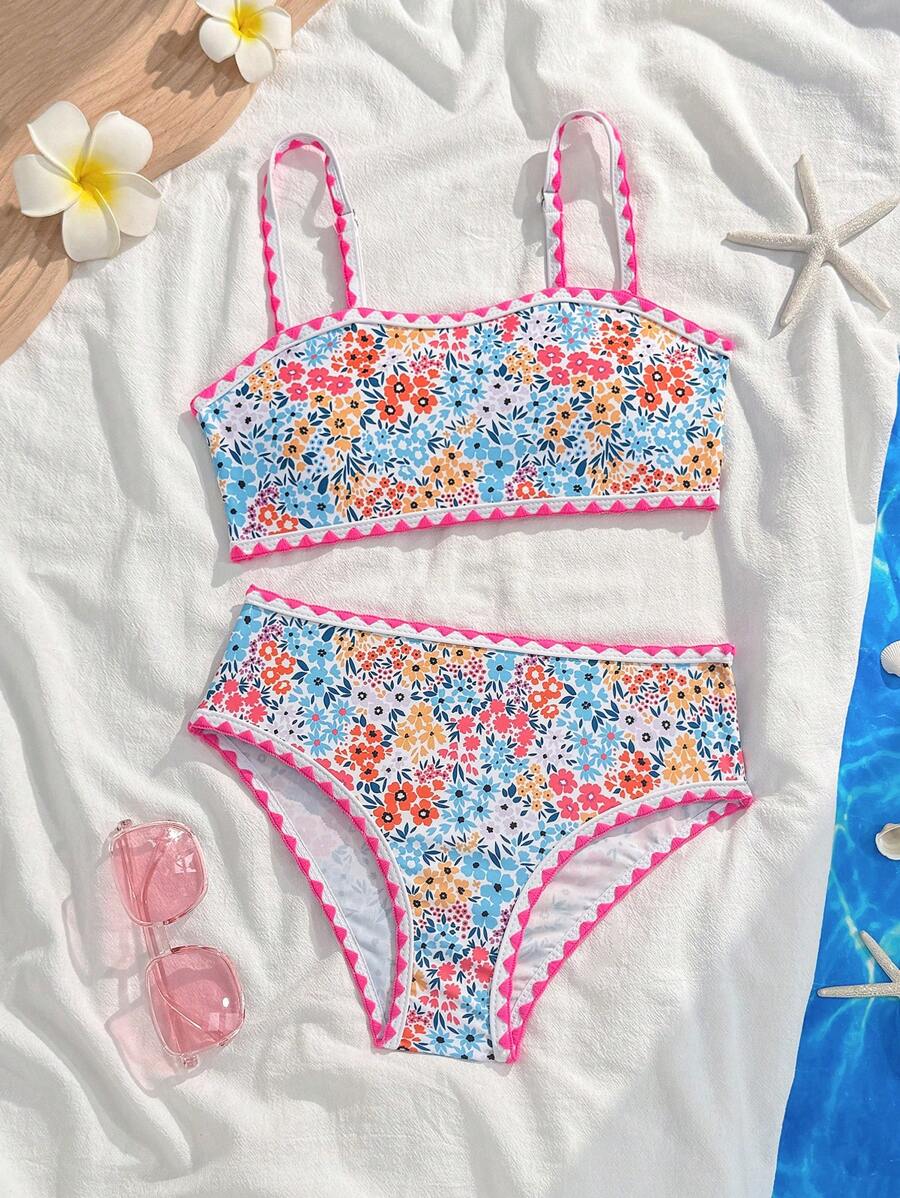 SHEIN Tween Girl Ditsy Floral Bandeau 比基尼套装,适合海滩、度假、复古、海洋、优雅、可爱 - 彩色 - 查看 1