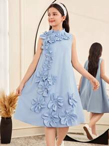 SHEIN Robe mini décontractée, simple et confortable avec col et décoration florale pour préadolescentes - Bleu azur - Voir 5