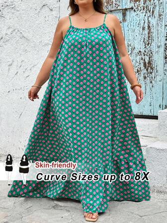 SHEIN CURVE+ Ärmlös blommig klänning i plusstorlek, avslappnad, lös strandklänning, lämplig för havet, kurvig plus, bohemisk semester, sommaroutfits för kvinnor, solklänningar för kvinnor, strandoutfits för kvinnor/strandklänning/strandsemesteroutfits/strandessentials/examen/tebjudningsklänning