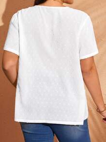 EMERY ROSE Plus Size Solid V-Neck Lace Patchwork Casual Short Sleeve Shirt, Summer - White - View 2