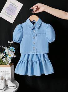SHEIN 2pcs Baby Girl Denim Puff Sleeve Blouse & Skirt Set - Light Wash - View 3