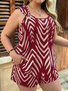 SHEIN VCAY Conjunto de 2 piezas de talla grande de estilo informal elegante con parte superior con patrón geométrico en azul marino y pantalones cortos holgados con bolsillos, atuendo occidental para mujer, estilo bohemio, conjunto de ropa de verano para mujer, ropa de playa, ropa de verano para mujer, atuendo para el Día de San Patricio, conjunto de primavera para mujer, camisetas estampadas