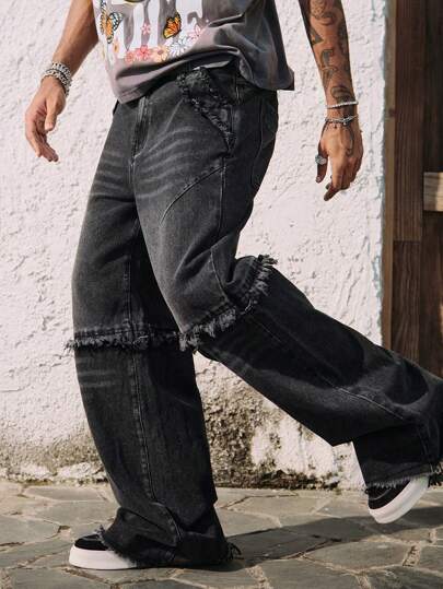 Grunge Punk Herren 2-in-1 gewaschene zerrissene Denimjeans