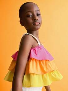 SHEIN Young Girls Colorful Contrast Ruffled Tank Tops & Camis, Summer Casual