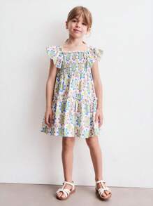SHEIN Young Girls Floral Print Ruffle Hem Vacation/Holiday Dresses, Summer - Multicolor - View 3