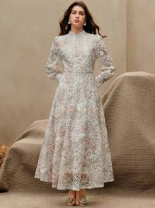 Anewsta Váy trắng tay đèn lồng in họa tiết màu nước thanh lịch, cổ áo cài nút, eo, dáng chữ A, thích hợp cho Giáng sinh, năm mới, lễ hội mùa xuân/hè, lễ tốt nghiệp - Nhiều màu - Xem 2