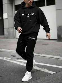 Manfinity Homme Men's Black Flannelette Hoodie Co-Ord Set: Casual Long Sleeve Hooded Top And Regular Length Joggers With Pockets
