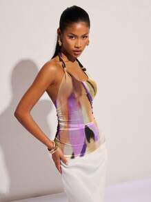 COSMINA 女士时尚扎染印花露背吊带上衣，夏季