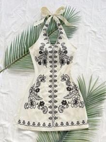 Soleia Váy mini xếp lớp nhún bèo màu cam có viền gợn sóng kèm cà vạt trang trí cho kỳ nghỉ - Nhiều màu - Xem 3