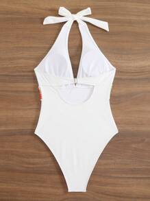 SHEIN Swim Summer Beach Women's Fashion Elegant Style Crochet Panel Strap Casual White One-Piece Swimsuit - White - View 7