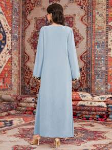 Al Najma 女士优雅 V 领拼接缎带饰边长袖宽松连衣裙，端庄 - 藍色 - 查看 2