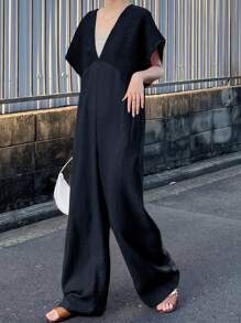 FRIFUL 女式V领系带连体裤，夏季服装 - 藏蓝色 - 查看 5