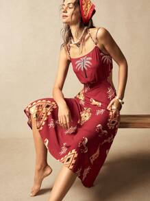 Bohemela BOHO Beach Vacation Style Woven Print Spaghetti Strap Backless Design Dress For Women - Redwood - View 3