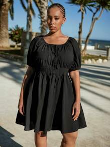 Maija Women's Plus Size Solid Black Short Sleeve Dress,Bohemian Holiday Style Summer Vacation Outfits,Smart Casual Wedding Guest Graduation Dress - Black - View 7