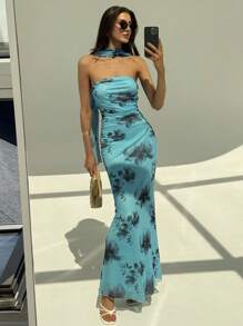 Aloruh Damen Sommerkleid mit Blume Muster und offenem Rücken, für den Urlaub