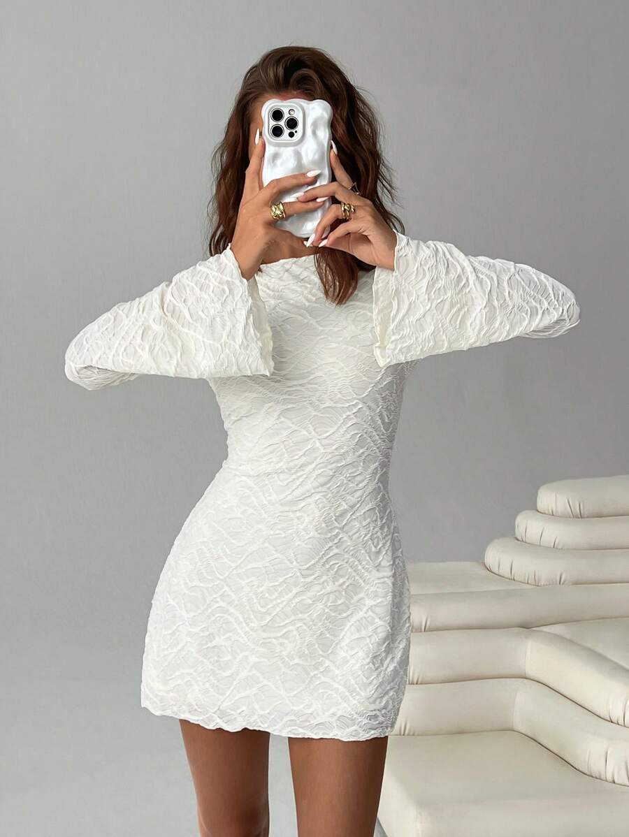 SHEIN EZwear Women's White Jacquard Knit Backless Mini Dress - White - View 1