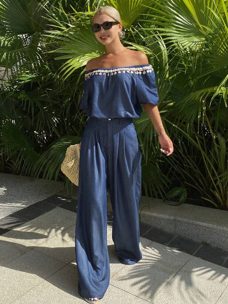 Women Two Pieces Outfits For Daily Wear Off Shoulder Top