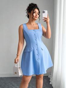Elenzga Cardigan col carré bleu élégant et robe trapèze avec poches décoratives, grande taille - Bleu azur - Voir 5