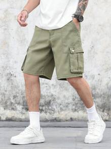 Manfinity Homme Men's Solid Color Pocketed Casual Fashion Relaxed Fit Denim Cargo Shorts