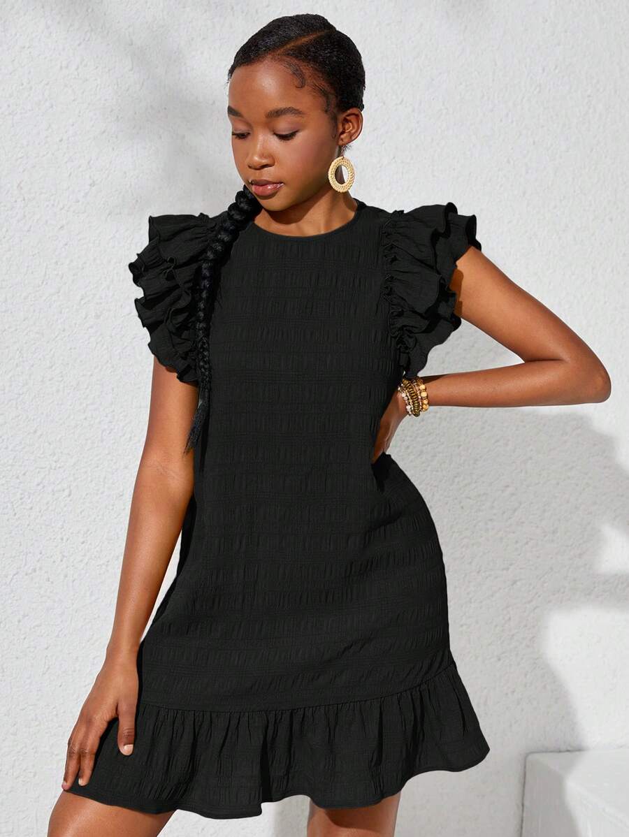 SHEIN Leap Crew Vestido casual para adolescentes de unicolor con jacquard, doble capa y mangas con volantes - Negro - Ver 1