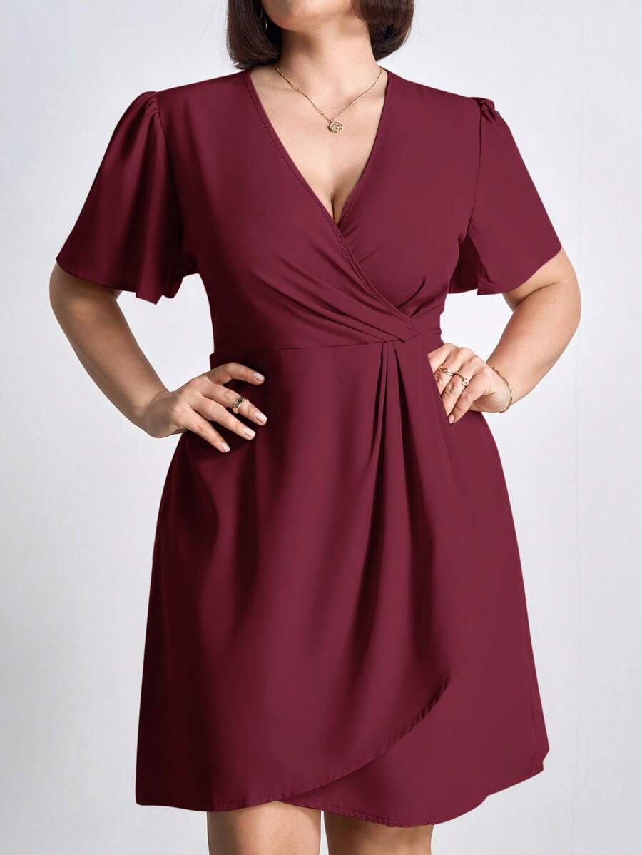 Chikora 大码女式休闲纯色重叠 V 领短款泡泡袖连衣裙，商务休闲女装