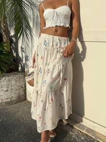 Muchica Falda casual con estampado floral, volantes y cordón en la cintura para vacaciones