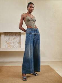 Arave Jeans anchos casuales y sueltos de mujer con dobladillo deshilachado y lavado - Azul - Ver 2