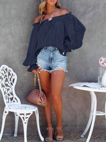 SHEIN VCAY Women's Vacation Solid Color Frill Off-Shoulder Long Sleeve Loose Top - Navy Blue - View 4