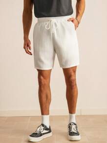 SWAVVY Men's Drawstring Waist Woven Shorts Baggy Knee Cool Lucky Plain All White Vacation Basic Friends