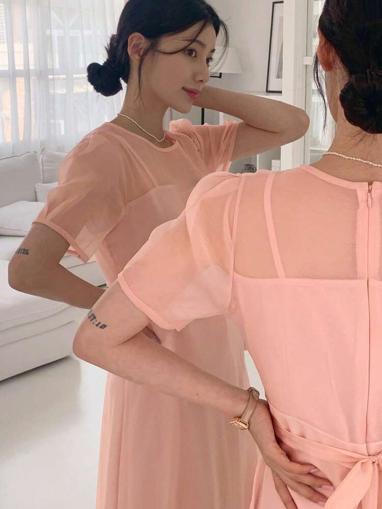 Chiffon Patchwork Round Neck Short Sleeve Mesh Waist Cinched Elegant Summer Women Long Dress, Pink
