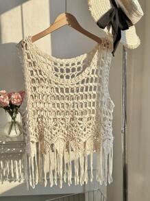 Comfortcana Apricot Color Hollow Knit Plus Size Sweater Vest - Apricot - View 1