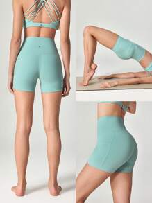 GLOWMODE 4.3" FeatherFit™ Anti-Slip Pocket Bike Shorts Non Front Seam Low Impact Cycling Running Gym Workout - Mist Green - View 7