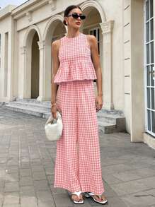 Siren Gaze 2025 年波西米亚风女装夏季套装：格子荷叶边下摆无袖露背上衣和阔腿裤套装 - 度假、节日、海滩度假休闲两件套，采用透气亚麻面料