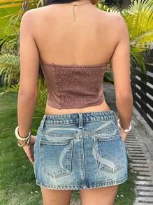 SHEIN EZwear Women Fringe & Rivet Decor Strapless Bodycon Casual Vacation Top - Mocha Brown - View 2