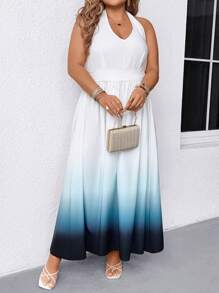 SHEIN Clasi Vestido Longo Sem Costas com Gradiente, Design Halterneck Franzidas e Amarração, Elegante Estilo Viagem/Passeio, Adequado para Festa e Lazer, Azul e Branco, Plus Size, Primavera/Verão/Outono - Azul e Branco - Visão 3