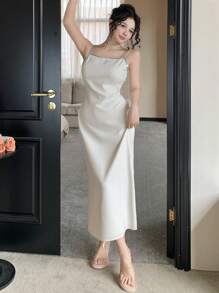 DAZY Contrast Color Round Neck Sleeveless Midi Dress For Women Carnival - Beige - View 4