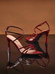 SHUZIA Women Comfortable Pointy Toe Sandal Heel Strappy Dressy Burgundy Pat - Burgundy - View 4