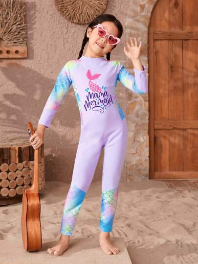 美人鱼印花长袖连体泳衣（含泳裤）适合小女孩