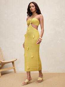 SHEIN LUNE Vestido elegante y sexy de mujer con decoración de flecos - Mostaza Amarilla - Ver 6