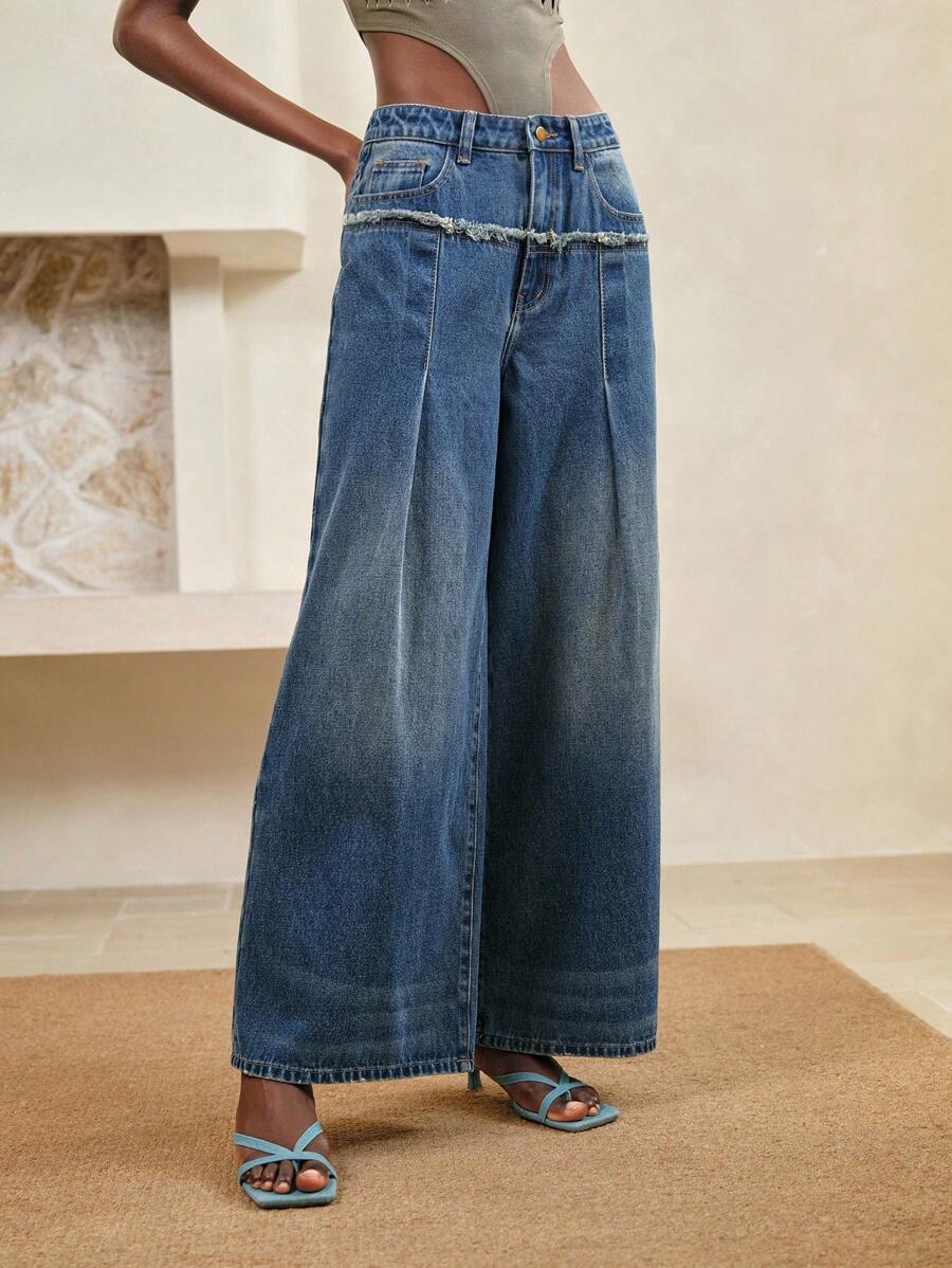 Arave Jeans anchos casuales y sueltos de mujer con dobladillo deshilachado y lavado - Azul - Ver 1