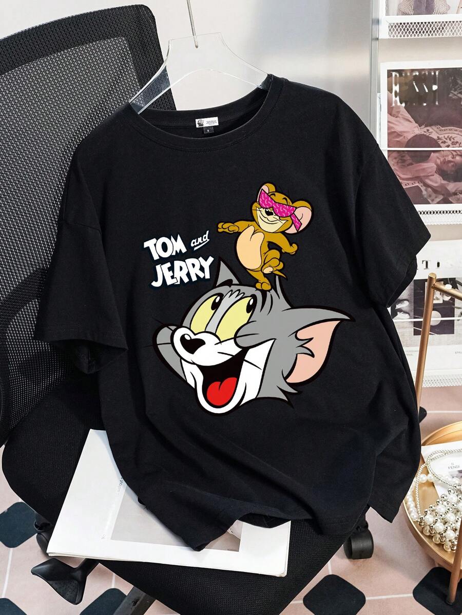 TOM & JERRY X SHEIN Women's Casual Cartoon Graphic Round Neck Short Sleeve T-Shirt, Summer Suitable For Going Out - Black - View 1