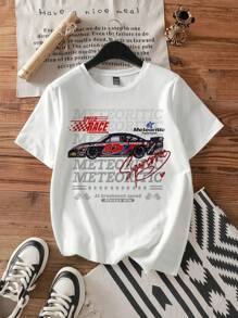 Attitoon 休闲复古赛车字母印花修身圆领短袖 T 恤，适合夏季、复古、休闲、性感、可爱、Y2K、椰子女孩、波西米亚风、度假风格