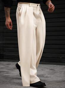 Manfinity Homme Plus Size Men's Casual Solid Color Wide Leg Pants, Fall - Apricot - View 3