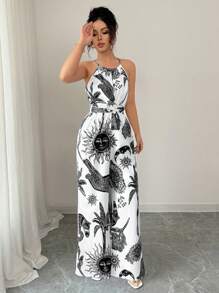 Elenzga Damen Sommer Urlaubs Sonne & Mond Muster Träger Jumpsuit